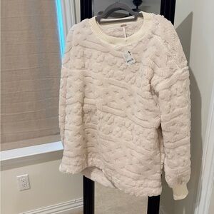 Free People Cream Textured Crew Neck Sweater